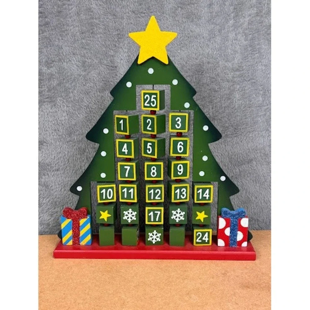 Very Merry‎ Advent Calendar Wooden Christmas Tree Tabletop Decor Green